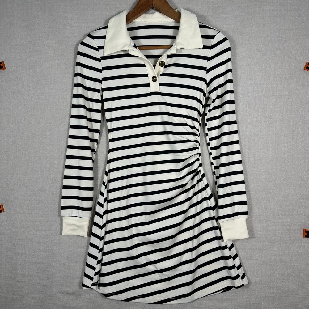 Cider Striped Polo Mini Dress Womens XXS Black White Ruched Long Sleeve‎